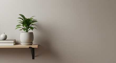 Stylish indoor plant arrangement on simple wooden shelf  