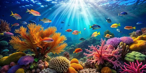 Fototapeta premium Vibrant underwater scene showcasing a diverse array of colorful fish swimming amidst a lush coral reef, bathed in sunlight