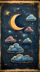 Night sky features a crescent moon surrounded by clouds and stars on a dark backdrop with a textured border