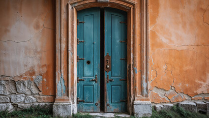 An old turquoise door stands open in an orange weathered wall, inviting one to discover the past.