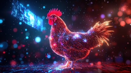 Fototapeta premium Rooster digital art, glowing, bokeh background, festive