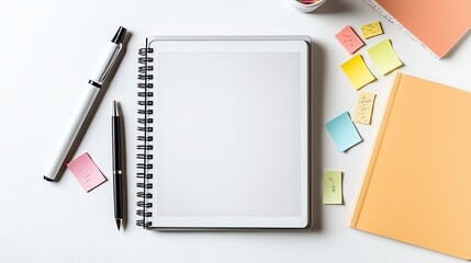 Isolated on white, realistic photo of a professional designer s notebook with white display surrounded by pen tablet and sticky notes