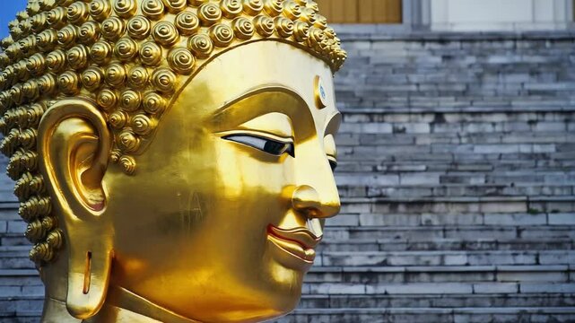 Golden buddha face featuring intricate details of the statue's head with architectural stone stairway background evoking a sense of culture