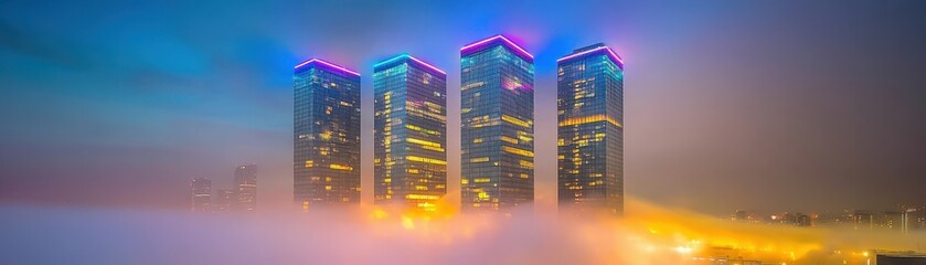 A stunning view of illuminated skyscrapers emerging from fog, showcasing vibrant colors against a twilight sky.