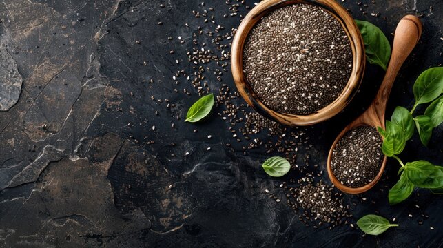 Top view dry chia seeds in wooden bowl and spoon on the dark table