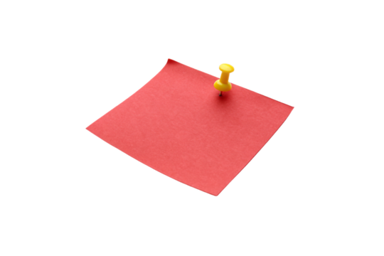 Bright red square sticky note pierced with a yellow push pin, ready for reminders, isolated on a transparent background