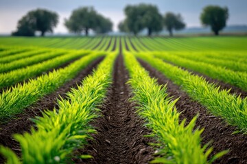 Farm rows of young corn sprouts stretch toward trees under a cloudy sky
