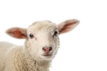 Obraz premium Close-up of a curious, white lamb with pink ears and a fluffy wool coat, isolated on a transparent background