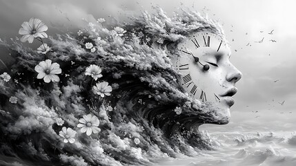 Surreal Photo Of Woman With Clock Face Emerging From Ocean Waves And Flowers