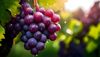 Vineyard Jewel: A close-up shot of ripe grapes, capturing their vibrant hues and refreshing droplets, reflecting the sun's radiant light, offering a sensory journey