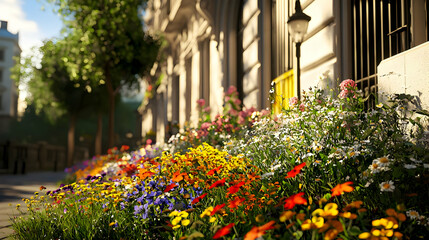 Fototapeta premium Colorful Flowers Border City Street Facade