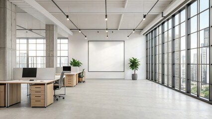 A modern office interior featuring large windows, minimalistic design, potted plants, and desks with computers, creating a spacious and bright work environment.
