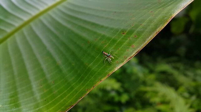 Scenery, Elegant Golden Jumping Spider (Phintella volupe) resting on a banana leaf then walking away from the camera. 4k footage focused on the foreground. Perfect for mountain documentaries.