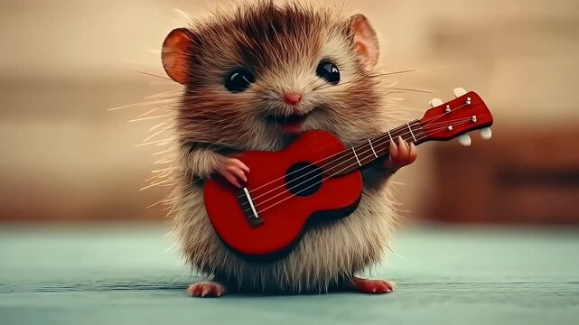 Adorable close-up of a tiny hamster playing a miniature guitar, showcasing delightful charm.
