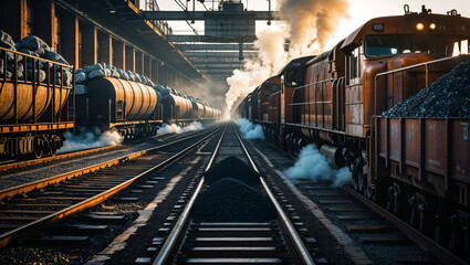 Obraz premium A coal train travels down the tracks, releasing steam and smoke, signifying power and transport.