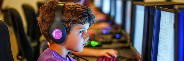 kid at computer camp learning about software and hardware