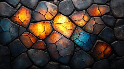 Close up of a stone wall with glowing cracks in orange yellow and blue hues for a textured background