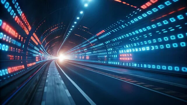 Digital transformation technology adoption concept. A futuristic tunnel illuminated by blue and red lights, with a bright light source at the end and binary code patterns on the walls, suggesting high