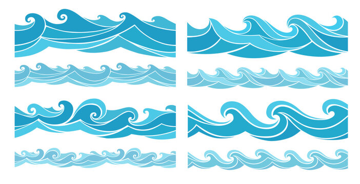 abstract vector illustration, editable clipart, isolated on white background collection of seamless ocean wave borders with curved graphic lines, stylized marine patterns for decorative and design use
