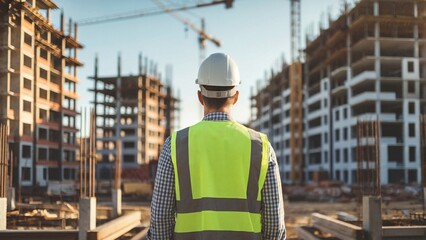 Fototapeta premium Construction Worker Supervising a Building Site with Cranes and Scaffolding