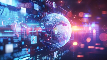 Abstract futuristic hi tech digital planet hologram and picture thumbnails background