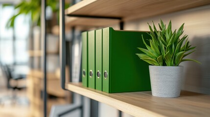 Contemporary shelf with green file folders and potted plant, blending office storage with decor