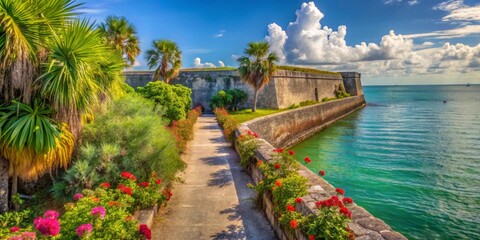 Obraz premium Serene Coastal Pathway with Lush Tropical Flora Adorning Ancient Stone Walls and Azure Waters