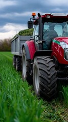 Naklejka premium Agricultural vehicle transporting harvested crops through a field