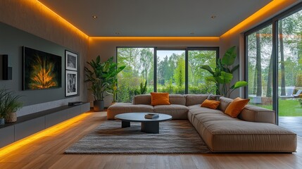 Fototapeta premium Modern Living Room Interior Design with Ambient Lighting and Sectional Sofa