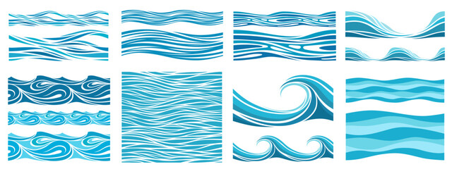 abstract vector illustration, editable clipart, isolated on white background collection of seamless decorative ocean wave patterns, stylized marine elements with fluid curved lines and water motion