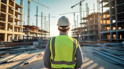 Naklejka premium Construction Worker Supervising a Building Site with Cranes and Scaffolding