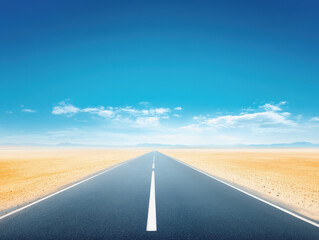 An open road stretching through a vast desert landscape under a bright blue sky in a cinematic watercolor style