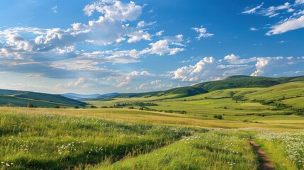 A large field and hills with a clear blue sky and fluffy white clouds landscape background