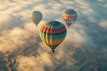 Fototapeta premium Aerial View of Colorful Hot Air Balloons Flying Over Desert Landscape – High-Angle Shot with Golden Dunes, Foggy Sky, and Dramatic Clouds, Sunrise Adventure, Travel Destination