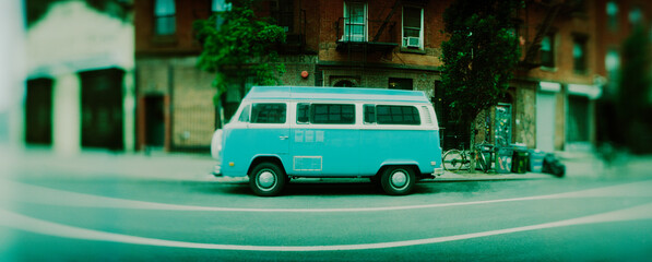 Panoramic view of a van parked on the street, Williamsburg, Brooklyn, New York City, New York State, USA.