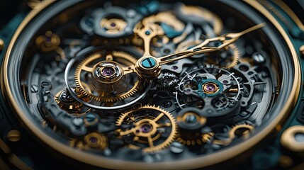 Intricate watch mechanism with visible gears and hands, highlighting precision and craftsmanship 