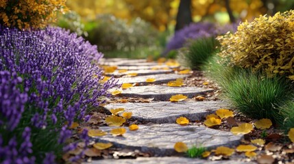 Obraz premium Curved stone path winding through a garden of lavender and yellow flowers with scattered autumn leaves.