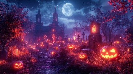 Obraz premium Mystical and haunted cemetery scene with glowing pumpkins, spooky trees, and ghostly mist in moonlit night 