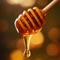 Honey dripping from dipper.  A golden honey drizzle