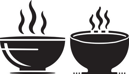 Bowl of steaming soup icons, in black, isolated vector illustration