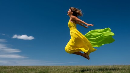 Fototapeta premium Joyful Woman in Yellow Dress Leaping Against a Bright Blue Sky