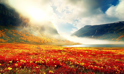 Fototapeta premium Autumnal Mountain Lake with Vibrant Red Flowers