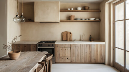 Minimalist wabi-sabi kitchen with aged wood furniture, neutral palette, and natural imperfection