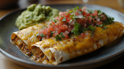 Chicken enchiladas with cheese and salsa, served with a side of guacamole