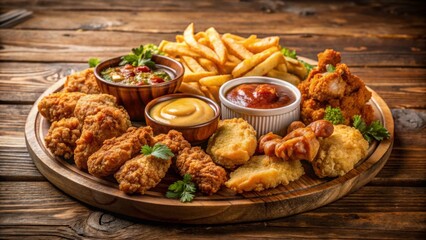 Fototapeta premium A delectable assortment of crispy fried chicken wings, tenders, nuggets, and french fries, served with various dipping sauces on a rustic wooden platter.