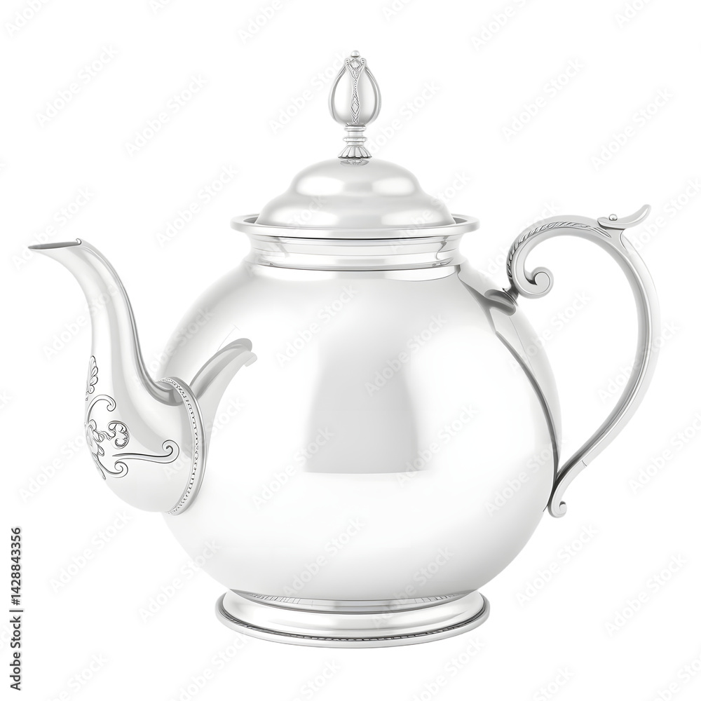 Poster silver teapot, intricate design, 3d rendering. plain white background allows focus. elegant beverage