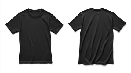 Front and back view of a plain black t-shirt, isolated on white background.
