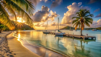 Obraz premium Golden Hour Serenity Tropical Beach Sunset with Sailboats Moored at a Wooden Dock