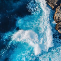 Aerial View Stunning Ocean Waves Crashing on Rocks