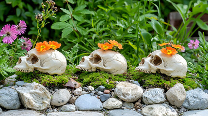 Three Skulls Decorated With Flowers In Garden Setting